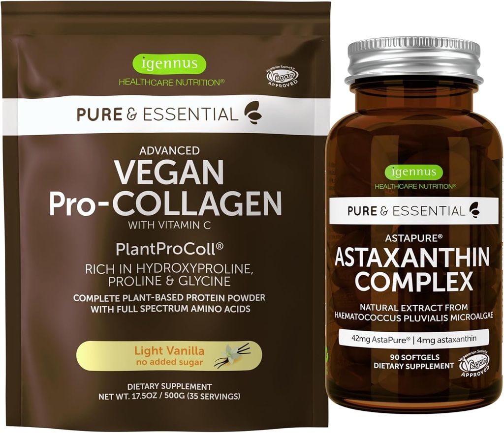 Poudre de protéines de collagène végétalien + astaxanthine complexe Bundle végétalien, formule de renforcement de collagène + naturel 4mg H. Pluvialis Astaxanthine pour cheveux, peau et ongles, par Igennus
