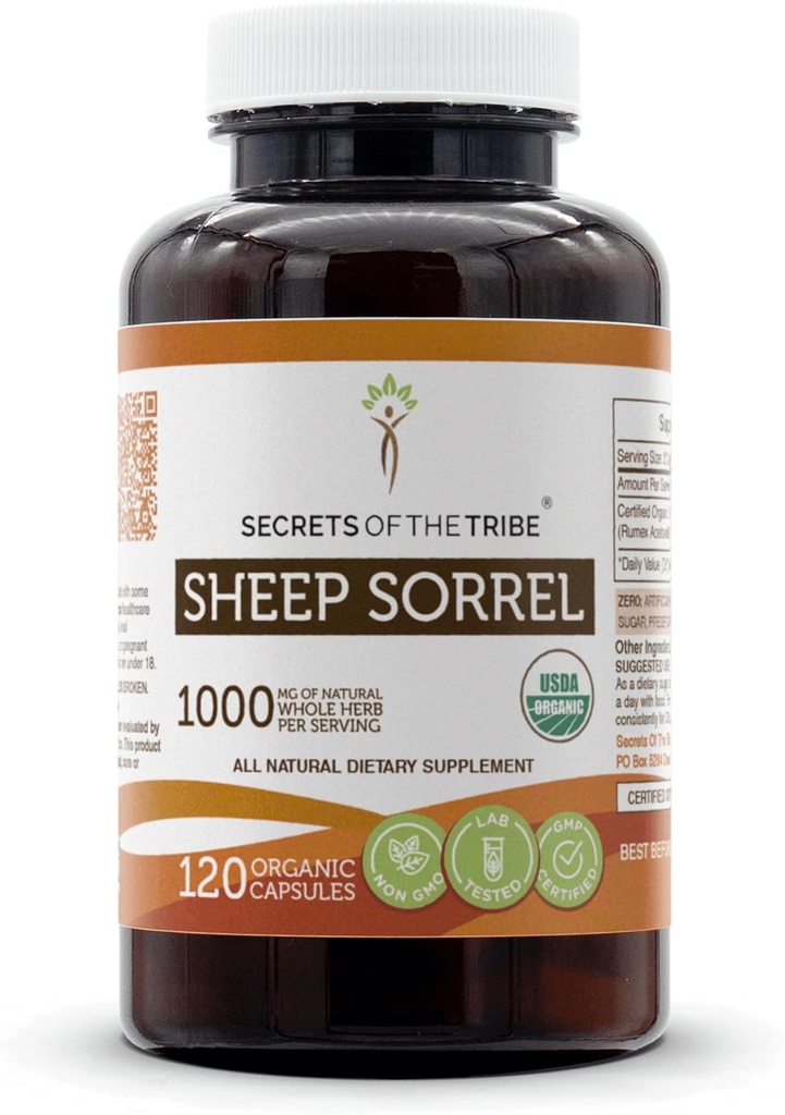 Secrets des Tribe Sheep Sorrel 120 Capsules, faites avec des capsules végétales et USDA Organic Rumex Acetosella Healthy Digestive Tract (120 Capsules)