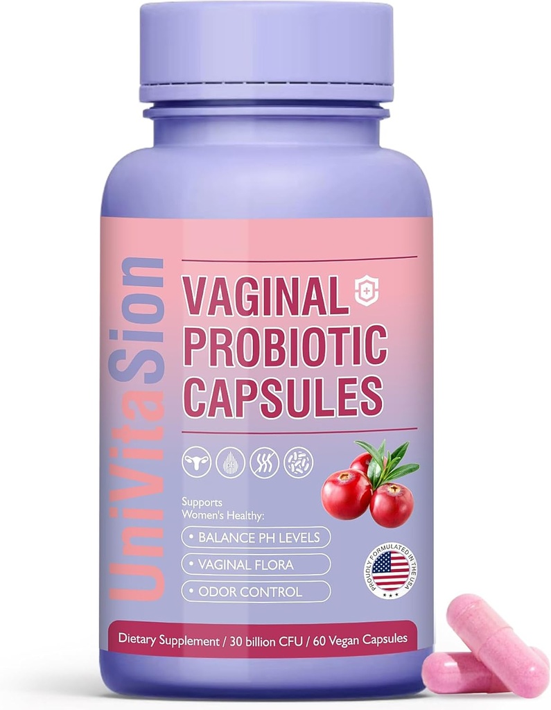 UniVitaSion Probiotiques vaginaux pour les femmes pH Balance, complexe prébiotique de Lactobacillus, extrait de canneberge, D-mannose pour protéger la flore de santé vaginale, contrôle de l'odeur vaginale - 30 milliards CFU, 60 capsules