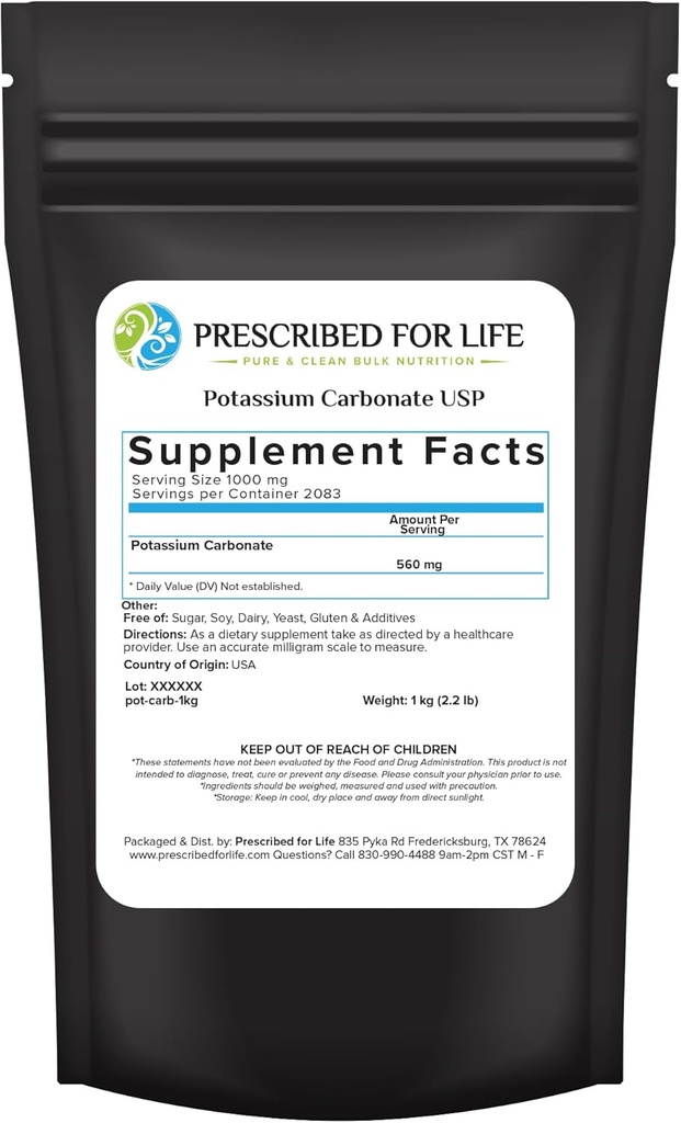 Prescripted for Life Poudre de carbonate de potassium, potasse naturelle de qualité alimentaire USP pour plantes, savon, suppléments, et plus, poudre de potassium en vrac pur (1kg / 2,2lb)