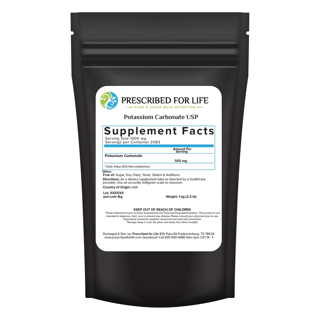 Prescripted for Life Poudre de carbonate de potassium, potasse naturelle de qualité alimentaire USP pour plantes, savon, suppléments, et plus, poudre de potassium en vrac pur (1kg / 2,2lb)