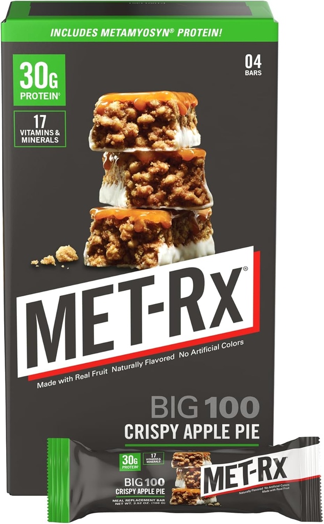 MET-Rx Grandes 100 barres protéinées colossales, barres de rechange à la tarte aux pommes croustillantes, 4 comtes