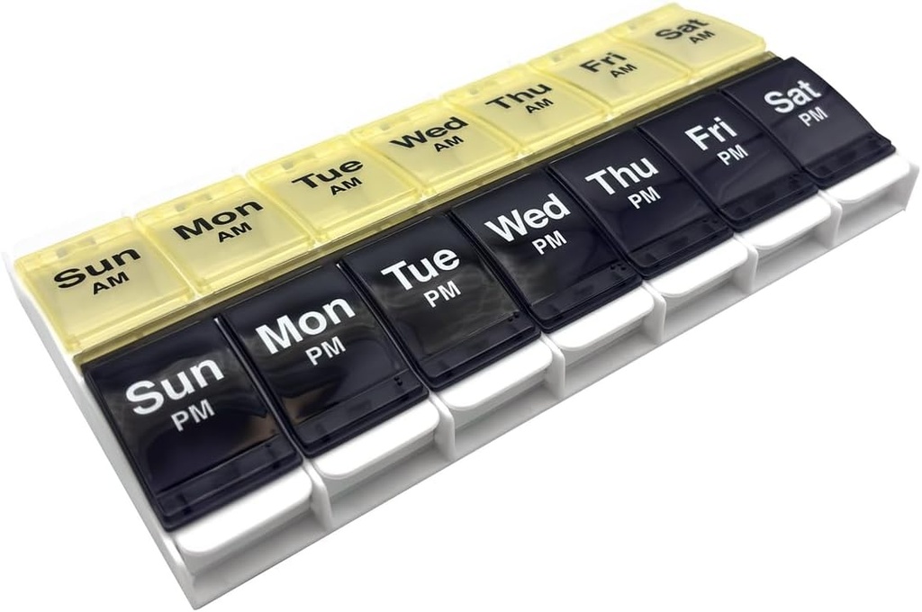 Bouton poussoir EZY DOSE (7 jours), planificateur de médicaments, organisateur de vitamines, 2 fois par jour, conteneur AM/PM, grands compartiments X, arthrite, facile à utiliser, lys clairs, bleu/jaune, sans BPA