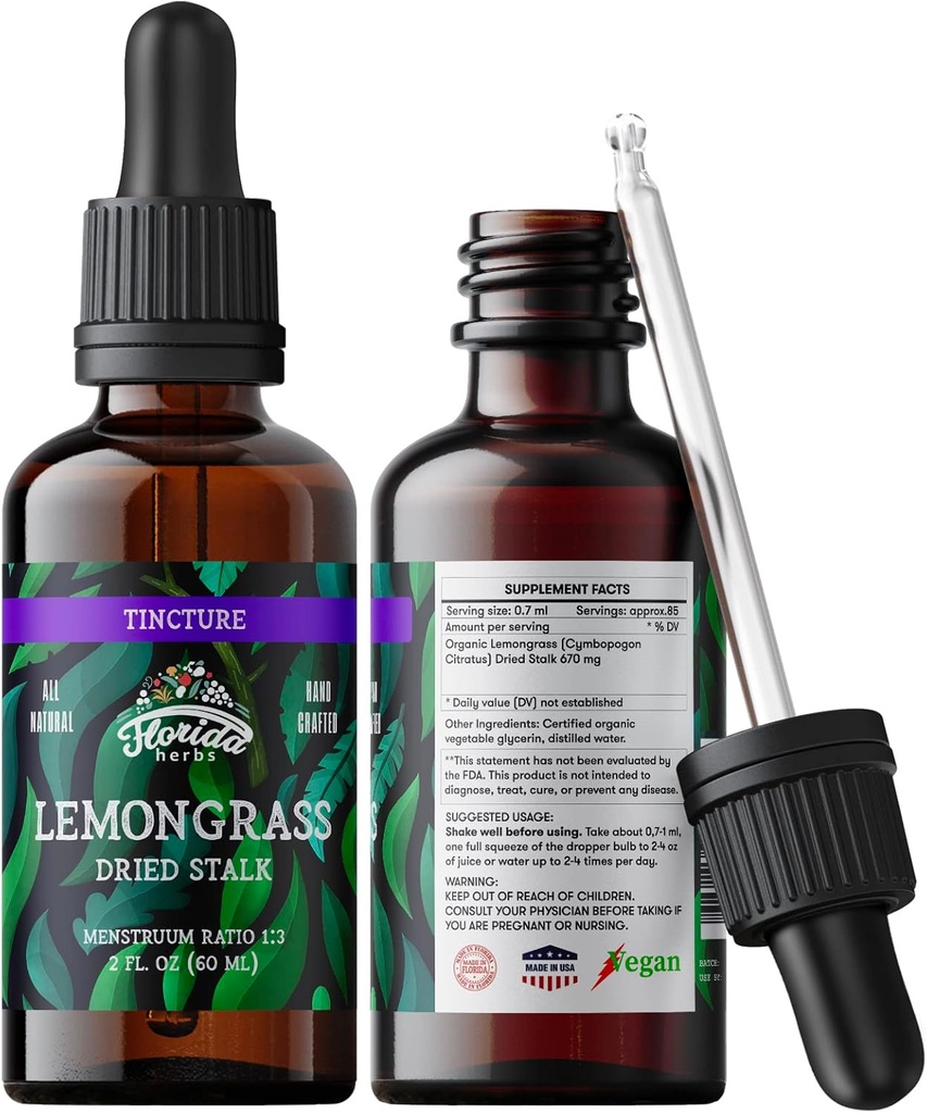 Teinture de citronnelle, extrait de citronnelle biologique (Cymbopogon Citratus) Supplément à base de plantes, non OGM dans la glycérine végétale biologique pressée à froid, 700 mg, 2 oz (60 ml)