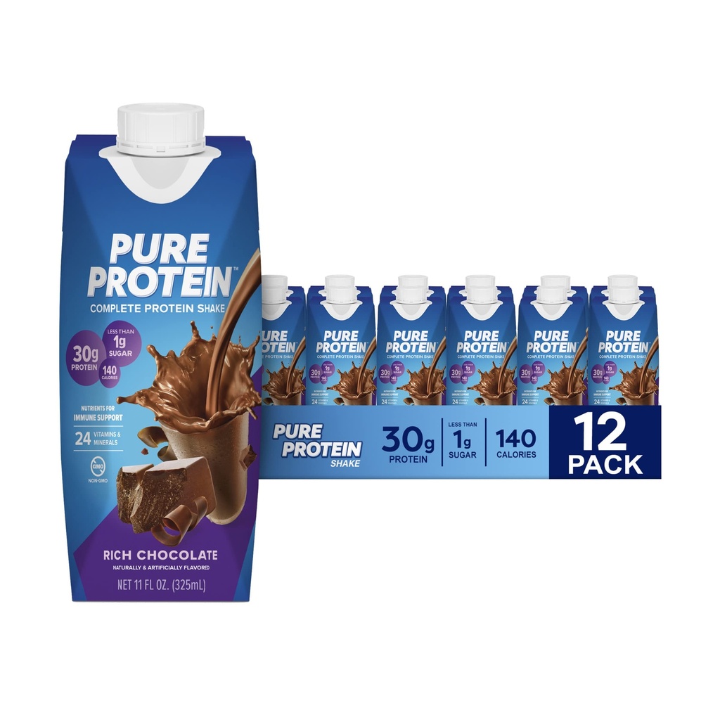 Pure Protein Chocolate Protein Shake, 30g Protéines complètes, prêtes à boire et amis kéto, vitamines A, C, D, et E plus zinc pour soutenir la santé immunitaire, bouteilles 11oz, 12 Pack