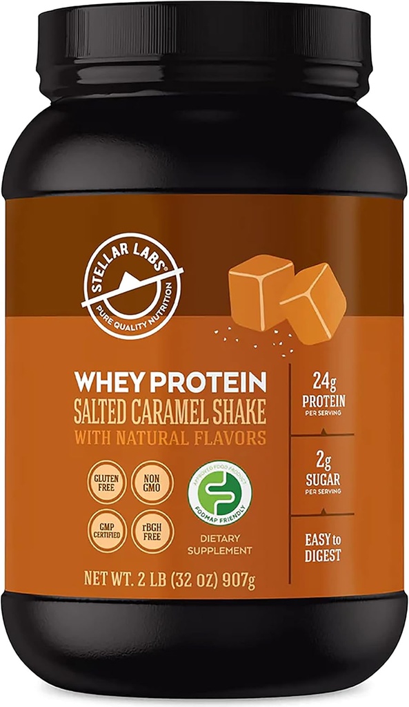 Stellar Labs Whey Protein Powder with BCAA's & Whey Isolate | Certified Low FODMAP, Non GMO, Gluten Free, Soy Free, Low Carb, Keto, with Stevia | All Natural Lean Post Workout Shakes | Salted Caramel