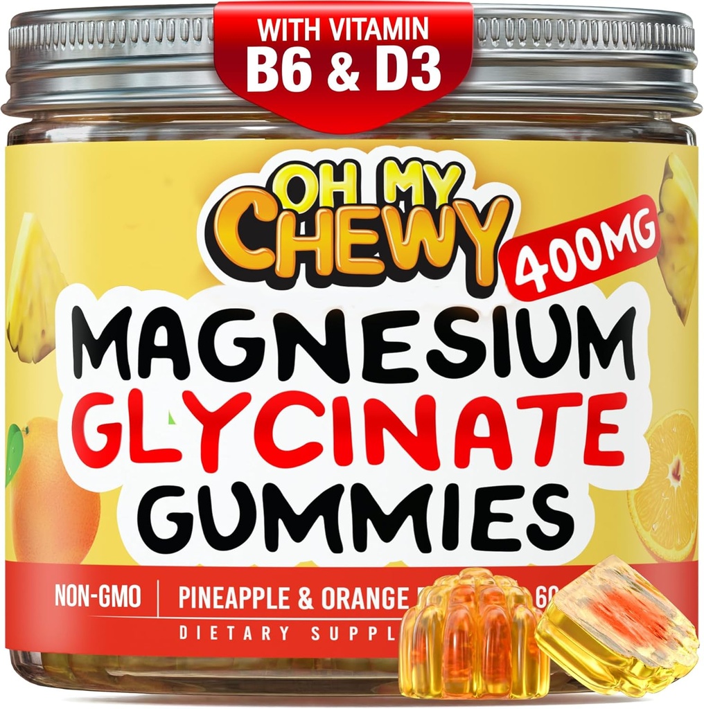 Gommies glycinées de magnésium au centre 400MG - Absorption élevée pour les enfants, les adolescents et les adultes - Supplément pour le sommeil, le calme et la relaxation musculaire avec B6 & D3 - Sans gluten et respectueux des végétaux - 60 Compte