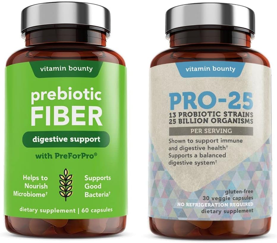 Vitamine Bounty Pro-25 Probiotics and Prebiotic Fibre Bundle - Dietary Fiber, 13 souches probiotiques, santé des intestins, santé digestive, libération retardée - Bundle
