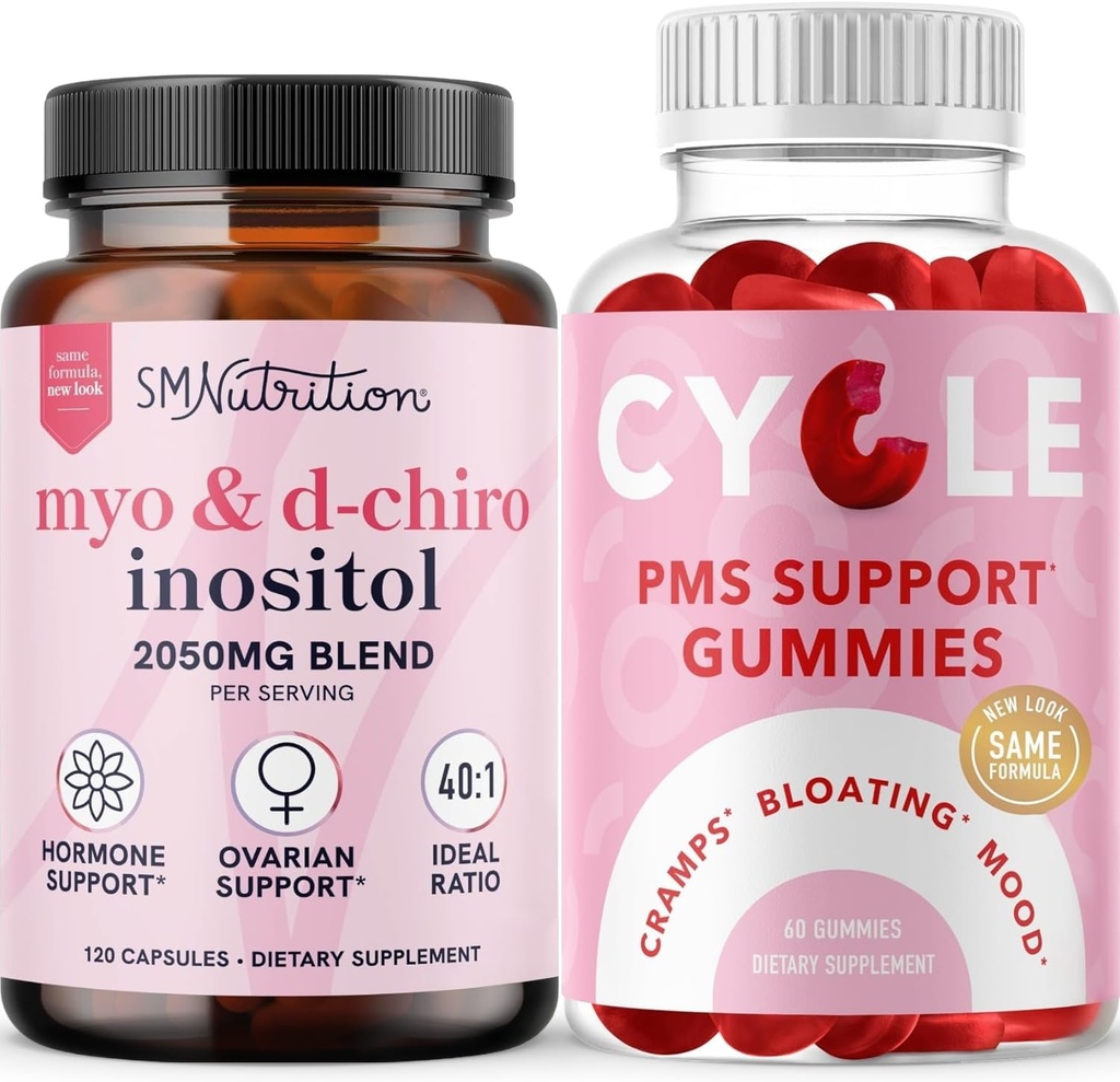 SMNutrition PMS Support Gummies & Myo-Inositol & D-Chiro Inositol Exclusivité Hormone avec supplément d'inositol de rapport 40:1 (30 portions) et gommes à cycle à base de plantes pour femmes (30 portions)