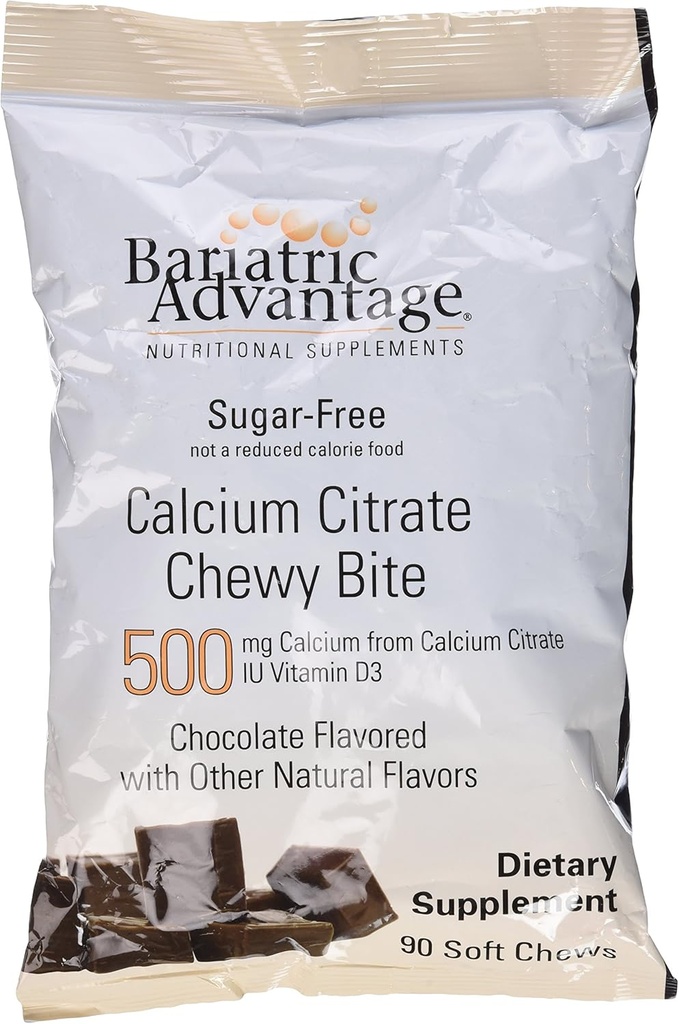 Avantage bariatrique Citrate de calcium Bites à croquer 500mg avec vitamine D3 pour les patients de chirurgie bariatrique, y compris le pont gastrique et la gastrectomie à manches, sans sucre - Saveur de chocolat, 90 Nombre