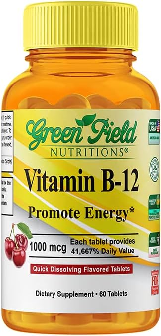 Greenfield Nutritions Vitamine halale B12 1000mcg - Absorption rapide aromatisée aux cerises 60 Comprimés B12 sublinguals - Vitamines halales naturelles, soutient le cerveau, la santé des cellules sanguines et le métabolisme énergétique
