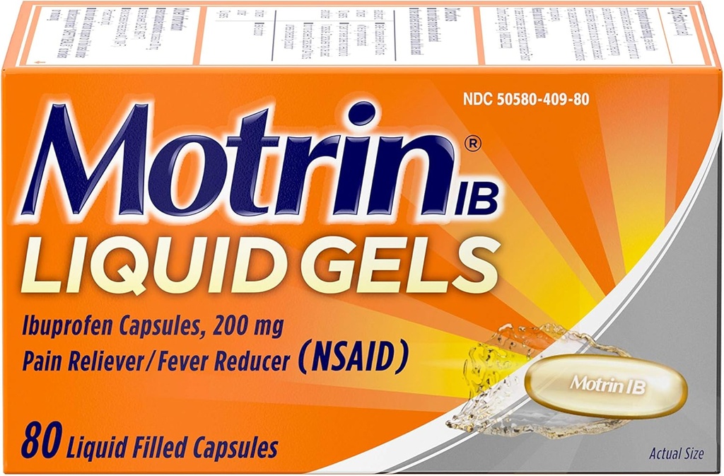 Motrin IB 200mg Ibuprofène Gel liquide analgésique/réducteur de fièvre pour les douleurs, 80 ct