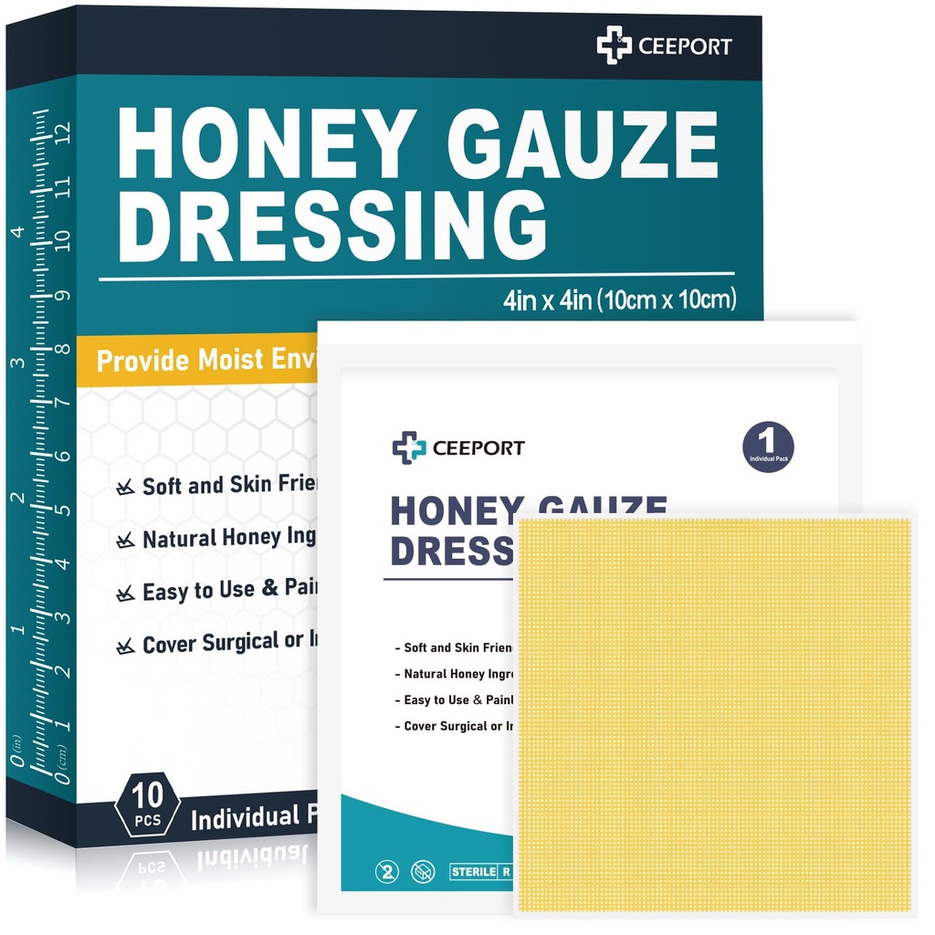 Miel Gauze Wound Dressing, soin du miel de 4" x 4" Manuka, pansements de miel de qualité médicale pour soins du miel, lot de miel pour une guérison plus rapide des brûlures, des abrasions, des coupures et des échasses (paquet de 10)