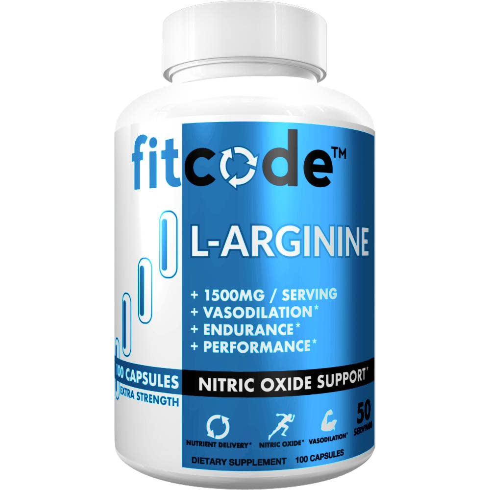 fitcode Pure Extra Strength L-Arginine HCl 1500mg, supplément à l'oxyde nitrique pour la vasculaire, les pompes, l'endurance, la performance, la croissance musculaire, l'énergie, puissante N.O. Capsules de pompes musculaires (50 portions)