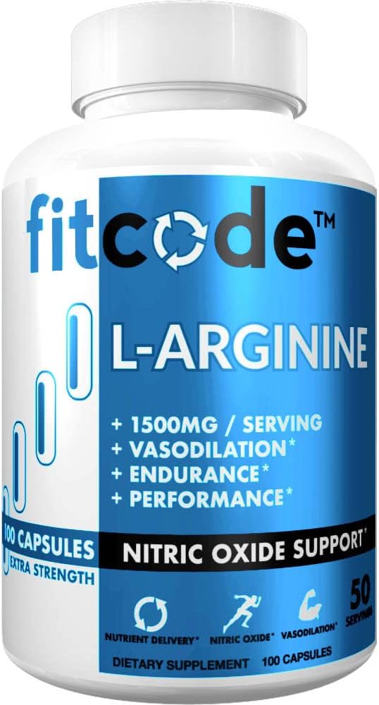 fitcode Pure Extra Strength L-Arginine HCl 1500mg, supplément à l'oxyde nitrique pour la vasculaire, les pompes, l'endurance, la performance, la croissance musculaire, l'énergie, puissante N.O. Capsules de pompes musculaires (50 portions)