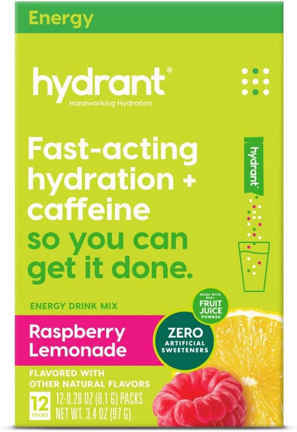 Hydratant - Poudre d'électrolyte d'énergie, Lémonade de framboise Saveur, 12 boîtes de bâtons de réhydratation de caféine et de L-Theanine en énergie - Poudre énergétique à faible teneur en sucre pour usage quotidien