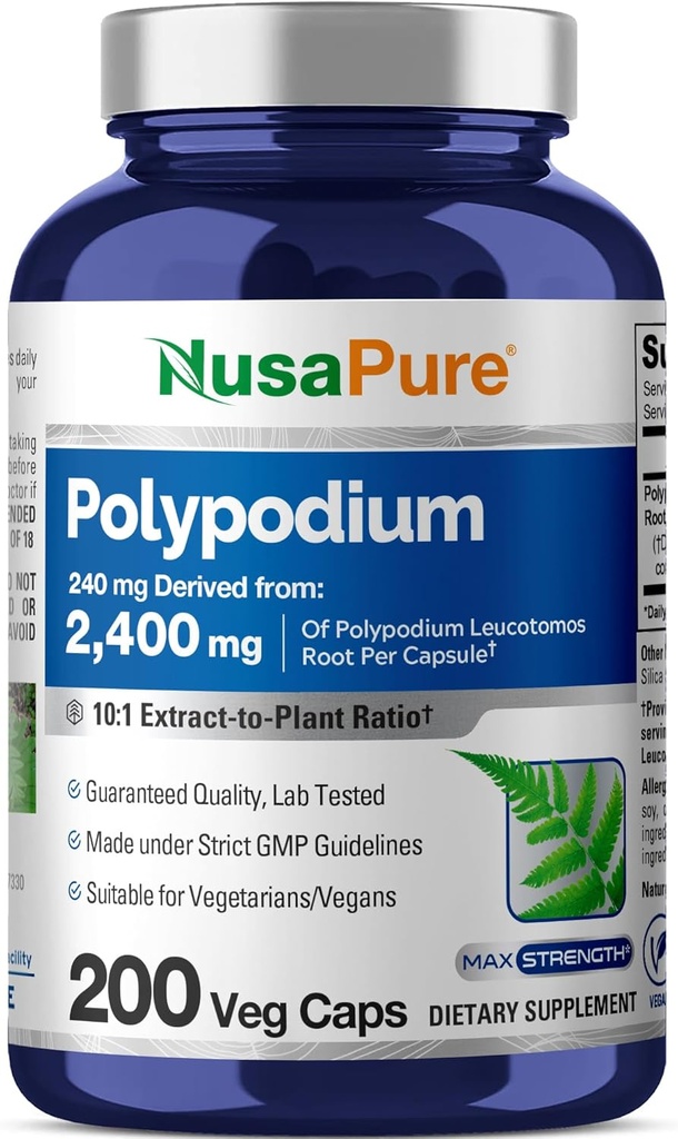 NusaPure Polypodium Leucotomos 10:1 Extract, 240 mg Equivalent to 2400mg 200 Veggie Capsules (Vegetarian, Non-GMO, Vegan)