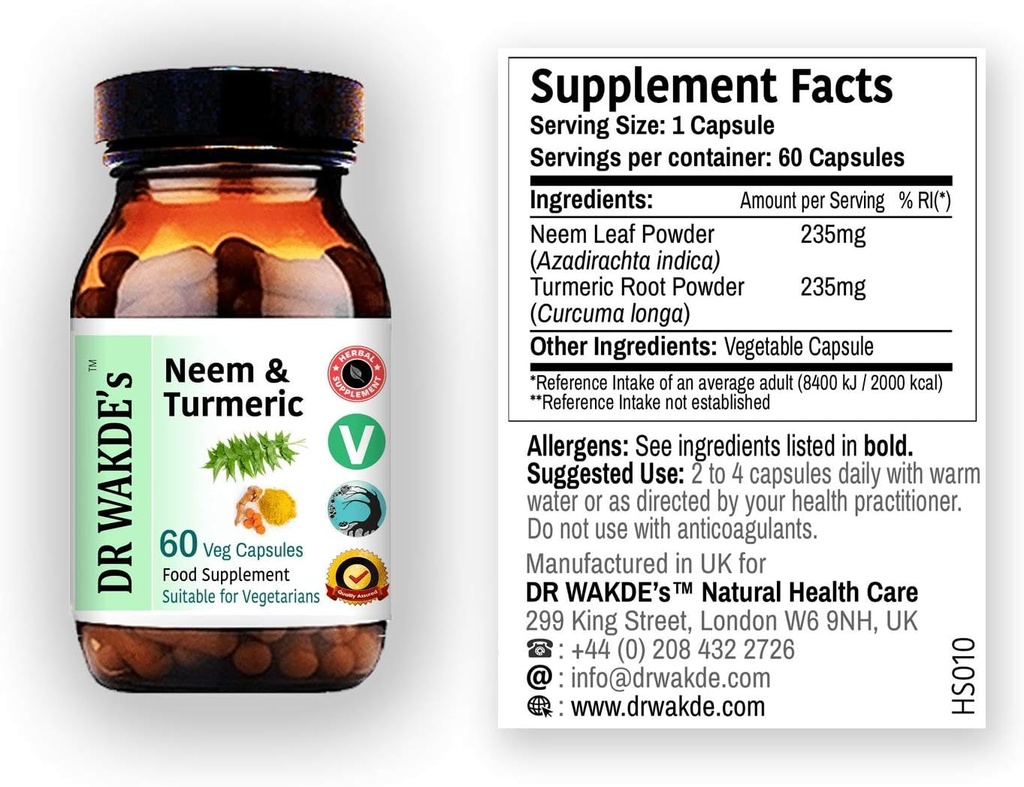 DR WAKDE Neem & Turmeric Capsules de 60 capsules de légumes Supplément ayurvédique