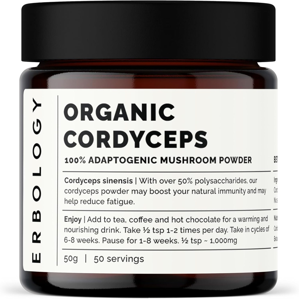 Erbology Organic Cordyceps Mushroom Powder 50 Servings - 48% Beta-glucans - Energy and Performance - Cordyceps Sinensis - Small Batch - Sustainably Grown in Europe - Vegan - Non-GMO - No Added Fillers