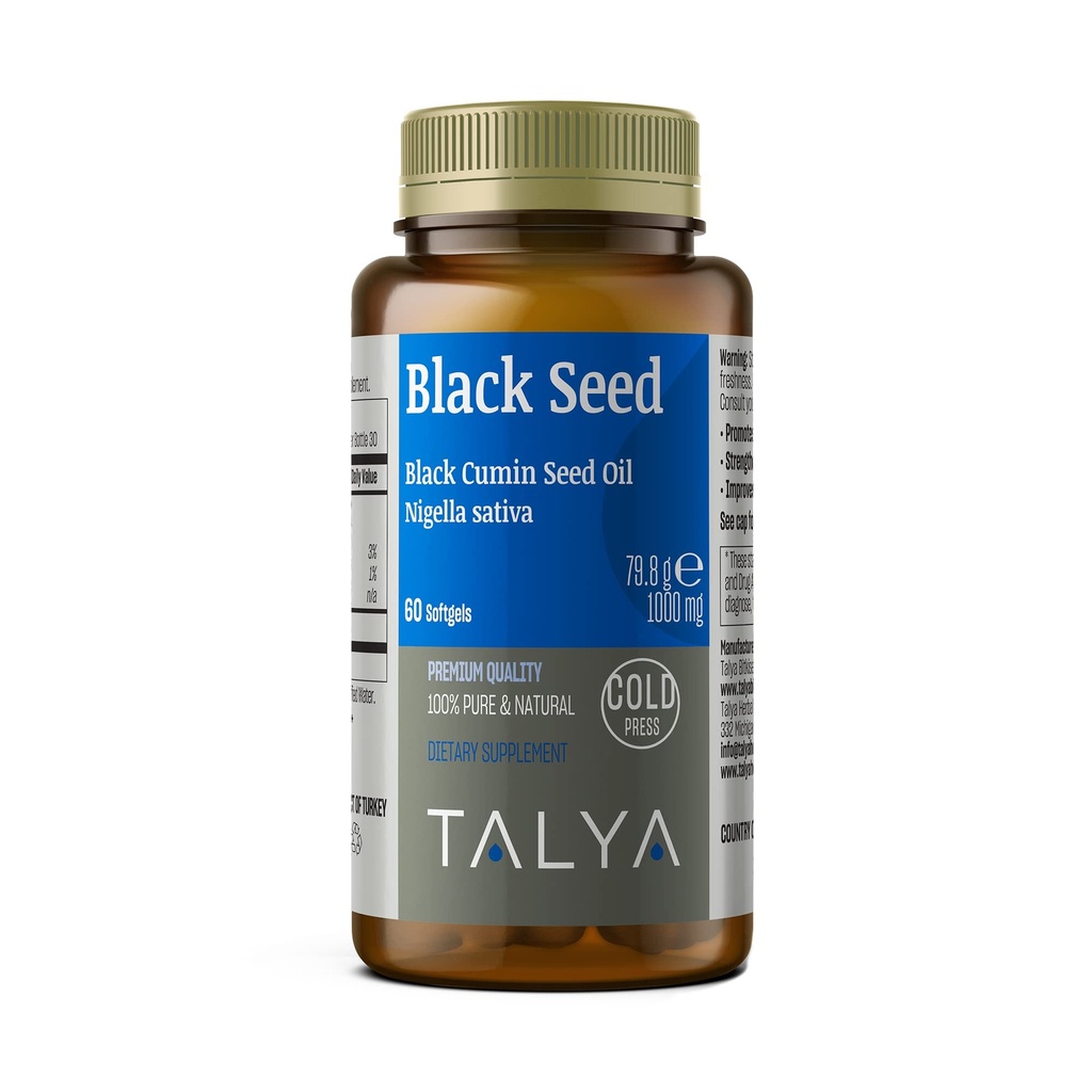 TALYA Black Seed Oil Softgel with High Thymoquinone - Immune Support - Digestion - Fonction cérébrale - Mobilité articulaire - Cold-Pressed from Non-GMO Turkey Black Cumin Nigella Sativa Seeds