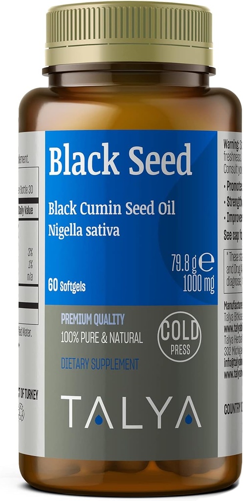 TALYA Black Seed Oil Softgel with High Thymoquinone - Immune Support - Digestion - Fonction cérébrale - Mobilité articulaire - Cold-Pressed from Non-GMO Turkey Black Cumin Nigella Sativa Seeds