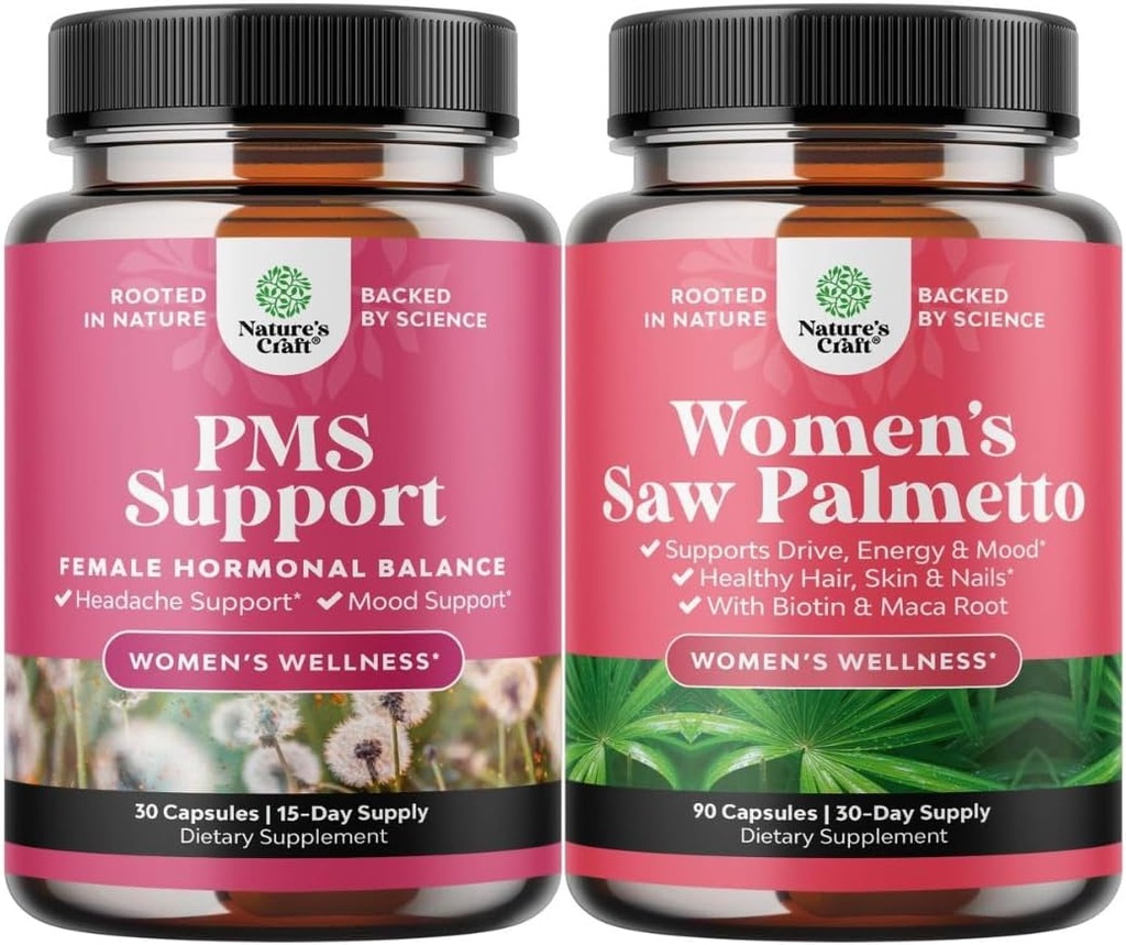 Ensemble de PMS Support et Saw Palmetto pour les femmes - DIM, Chasteberry, Black Cohosh & Ashwagandha pour les périodes Crampes, Bloating, Mood Swing et Saw Palmetto Extrait avec Maca Root & Biotin pour la perte de cheveux