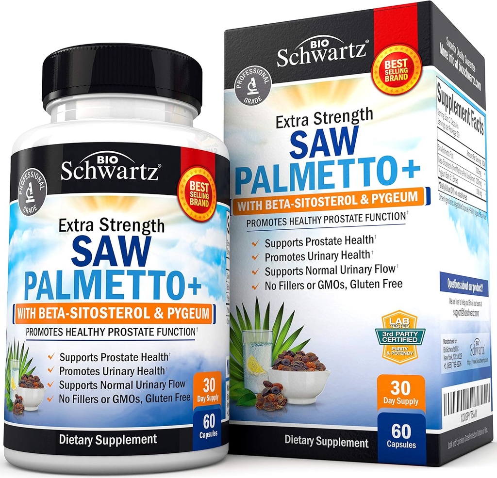 Saw Palmetto pour hommes avec extrait d'écorce de pygème et bêta-sitostérol - soutient la santé de la prostate et la fonction de la prostate saine - favorise la santé urinaire et le flux urinaire normal - sans OGM sans gluten 60 Ct