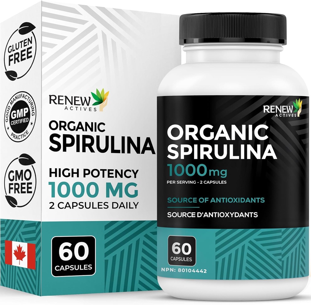 Renouveler Actives Organic Spirulina 1000MG par 2 capsules – Superfood pour hommes et femmes – Soutient l'énergie, le mieux-être et la fonction immunitaire – Riche en antioxydants et nutriments – Fabriqué au Canada – 60 capsules