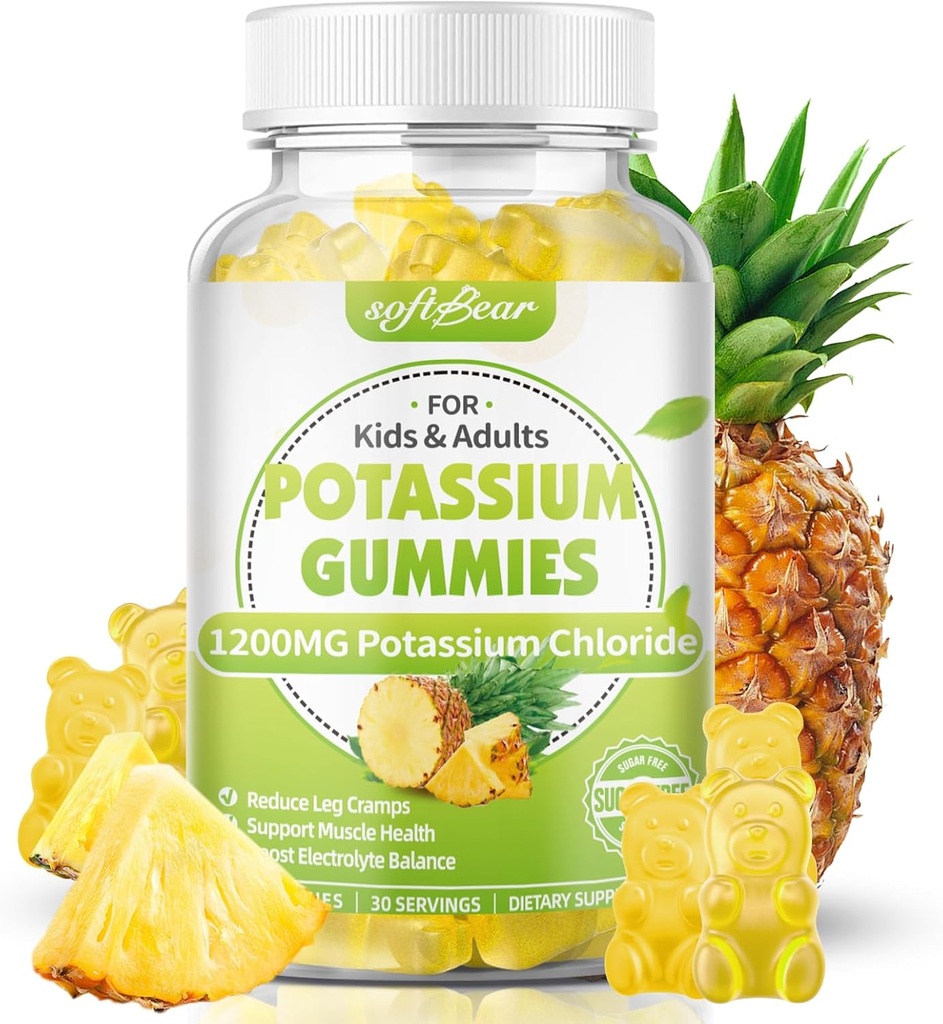 softbear Chlorure de potassium Gommies 1200mg, Gommies de potassium sans sucre pour adultes soutenir les crampes de jambe supplément de chlorure de potassium de haute puissance, goût d'ananas 60 Comte