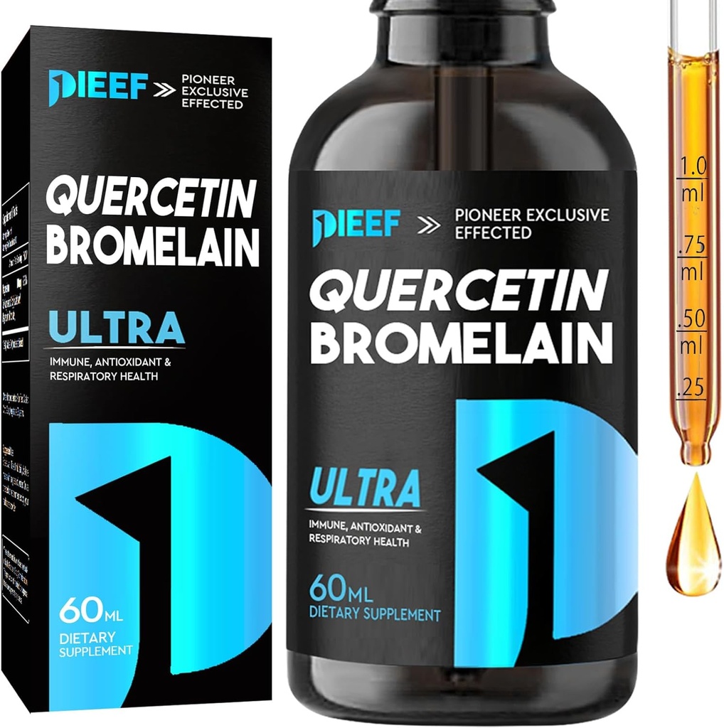 Quercetin avec gouttes liquides de Bromelain, Suppléments Quercetin 1000mg, Soutien complexe immunitaire de santé respiratoire, gouttes liquides de Quercetin 7-en-1 avec zinc