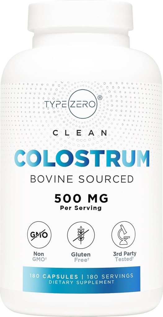 Type Zero Colostrum Supplément (500mg) 180 Capsules - Bovine, Non-OGM, Sans gluten
