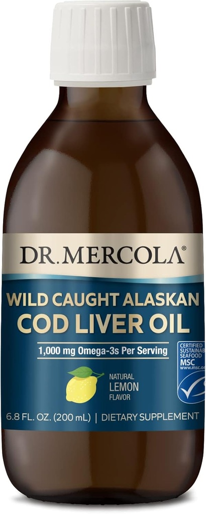 Dr Mercola Wild Caught Alaskan Cod Liver Oil, 6,8 Fl. Oz. (200 mL), 40 portions, 1 000 mg Oméga-3s par portion, supplément alimentaire, soutient le cerveau et la fonction cognitive, non-OGM, certifié par le SMC
