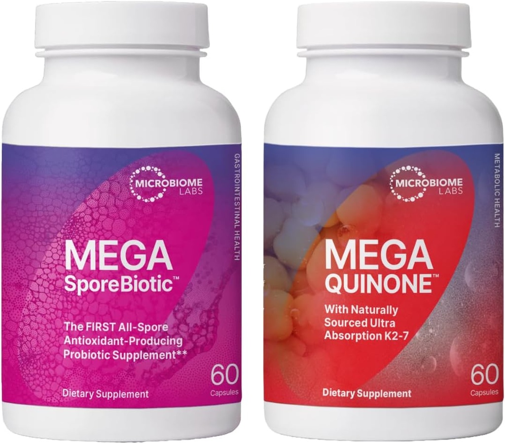 Microbiome Labs Ensemble de soutien en santé cardiaque - Supplément probiotique basé sur le spore MegaSporebiotic (60 capsules) + supplément de vitamine K MegaQuinone K2-7 (60 capsules)