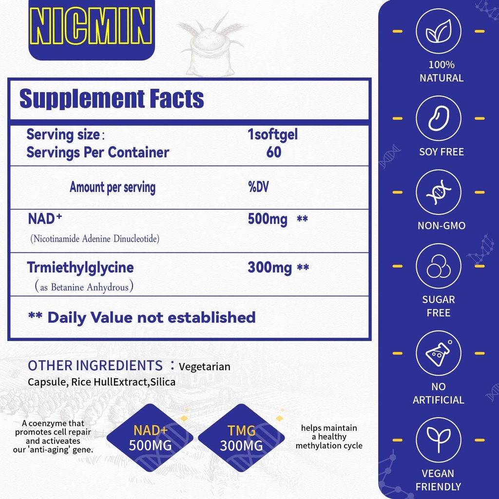 NAD liposomique+ Supplément 800mg avec TMG 300mg, Supplément NAD+ réel d'absorption maximale (pas un précurseur pour l'énergie cellulaire, le vieillissement en santé et la réparation musculaire 60 Capsules