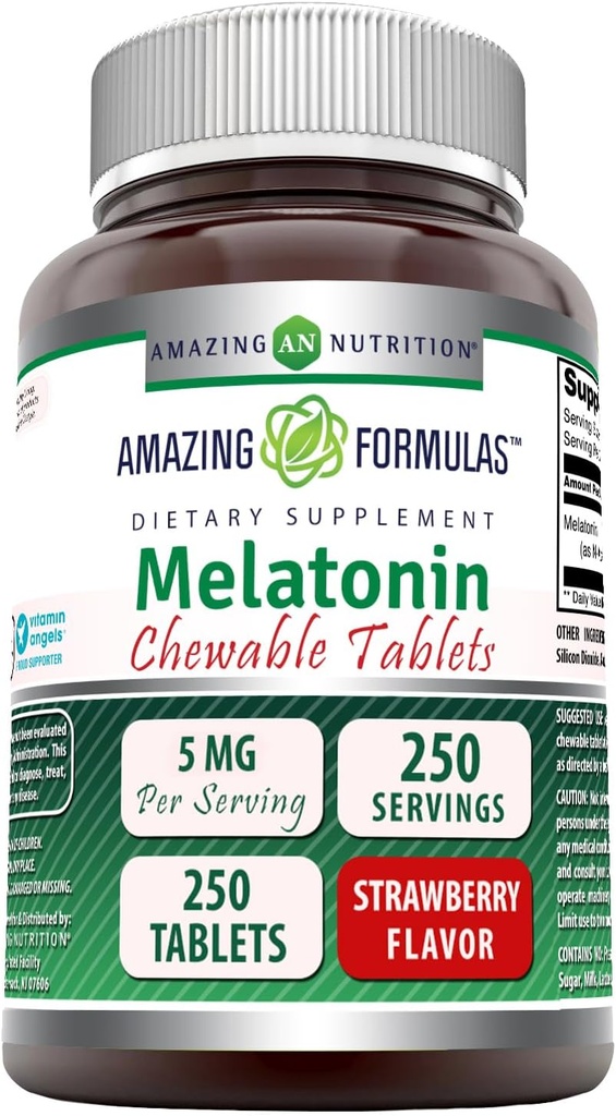 Formules étonnantes Melatonin Supplément à croustillants $ 5 Mg par portion $ 250 Comprimés $ Non-OGM $ Sans gluten $ Fabriqué aux États-Unis (arôme de mûrier)