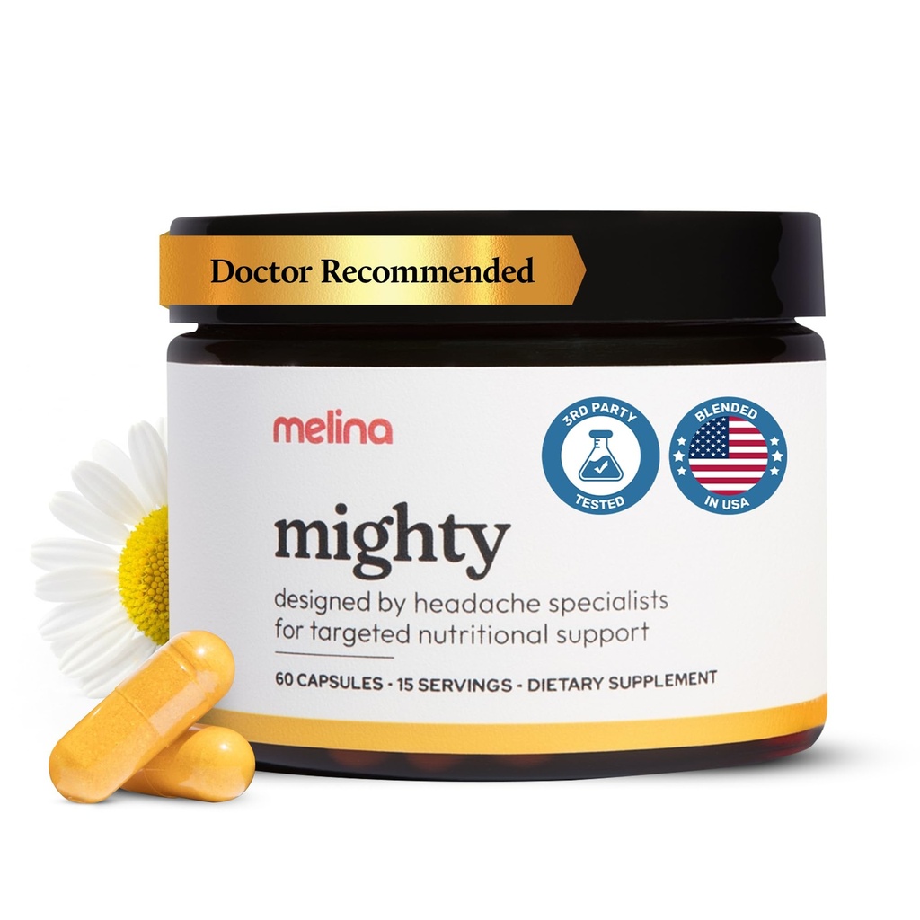 Melina Mighty Natural Migraine Relief Supplément - Magnésium, B2 Riboflavin 400mg, Feverfew, CoQ-10, ALCAR pour renforcer la migraine et la prévention des maux de tête - 15 portions (60 capsules)