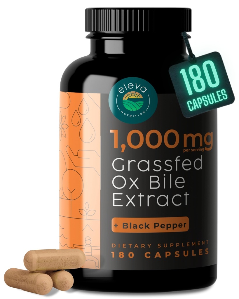 Grass-Fed Ox Bile Extract 1000mg Bile Salts Supplements with Black Pepper for Faster Absorption - Supports Digestive Health - 180 Capsules