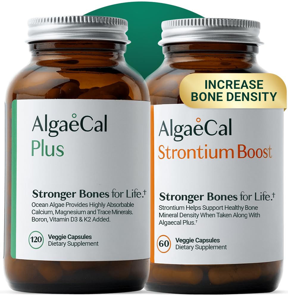 ALGAECAL Bone Builder Pack - Supplément de calcium et strontium à base de plantes - Calcium organique 750mg avec vitamine D3 1600 UI, vitamine K2, magnésium, 16 nutriments pour la santé et la densité des os (1-Mois)