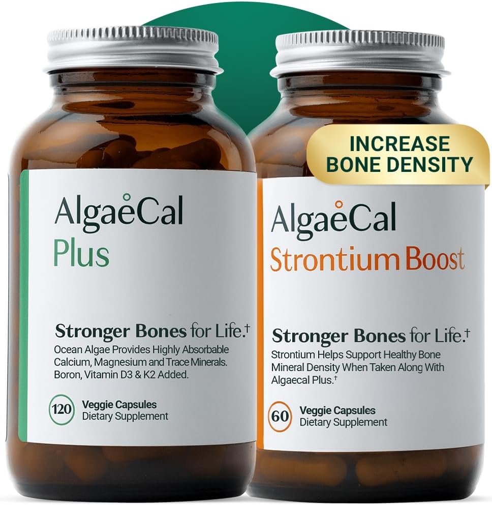 AlgaeCal - Boîte de construction de os pour l'augmentation de la densité des os, supplément de calcium à base de plantes cliniquement soutenu et strontium, vitamines K2 (100mg), D3 (1600 UI), Magnésium et 16 nutriments essentiels