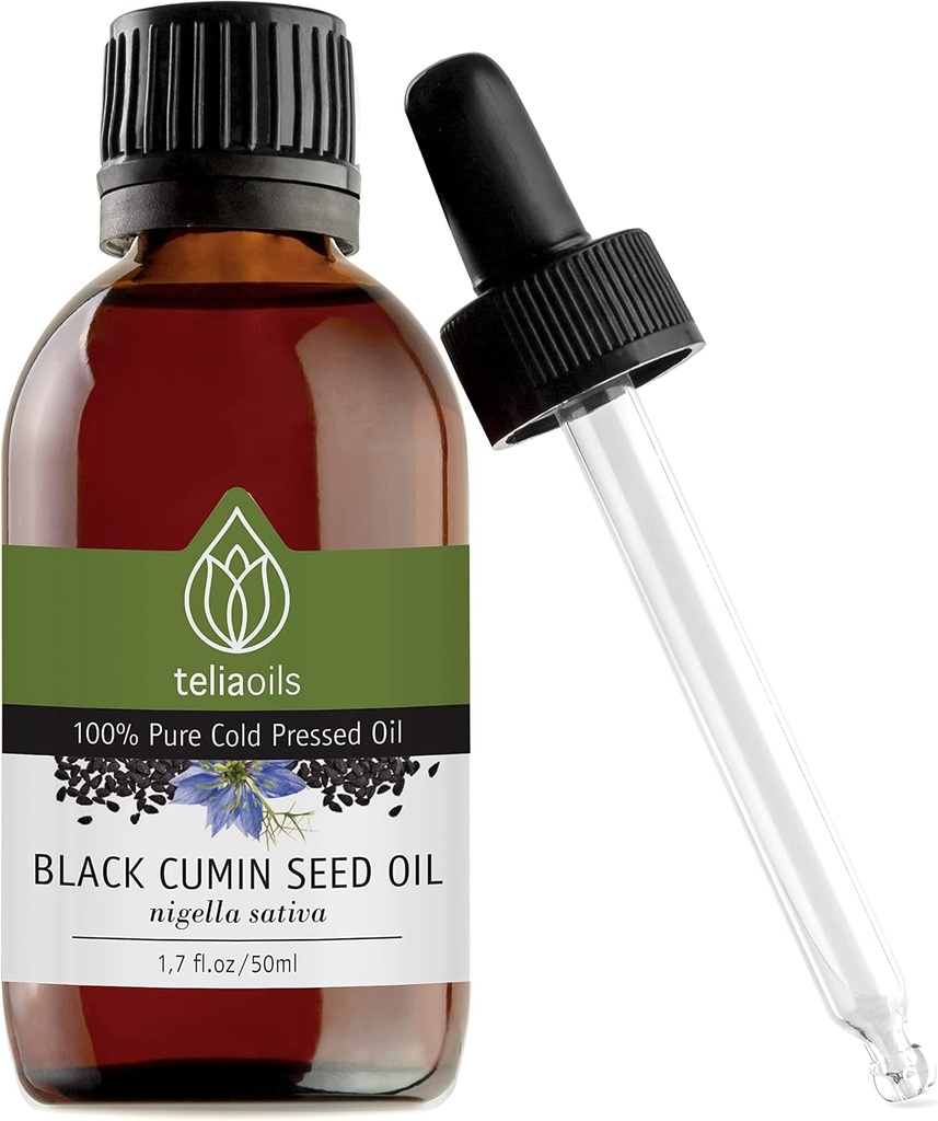 Teliaoils Huile de cumin de graines noires, 100% pure, naturelle, pressée à froid, riche en acides gras oméga-3 et oméga-6 et polyphénols de qualité premium, pour la peau, les ongles et les cheveux, un excellent antioxydant