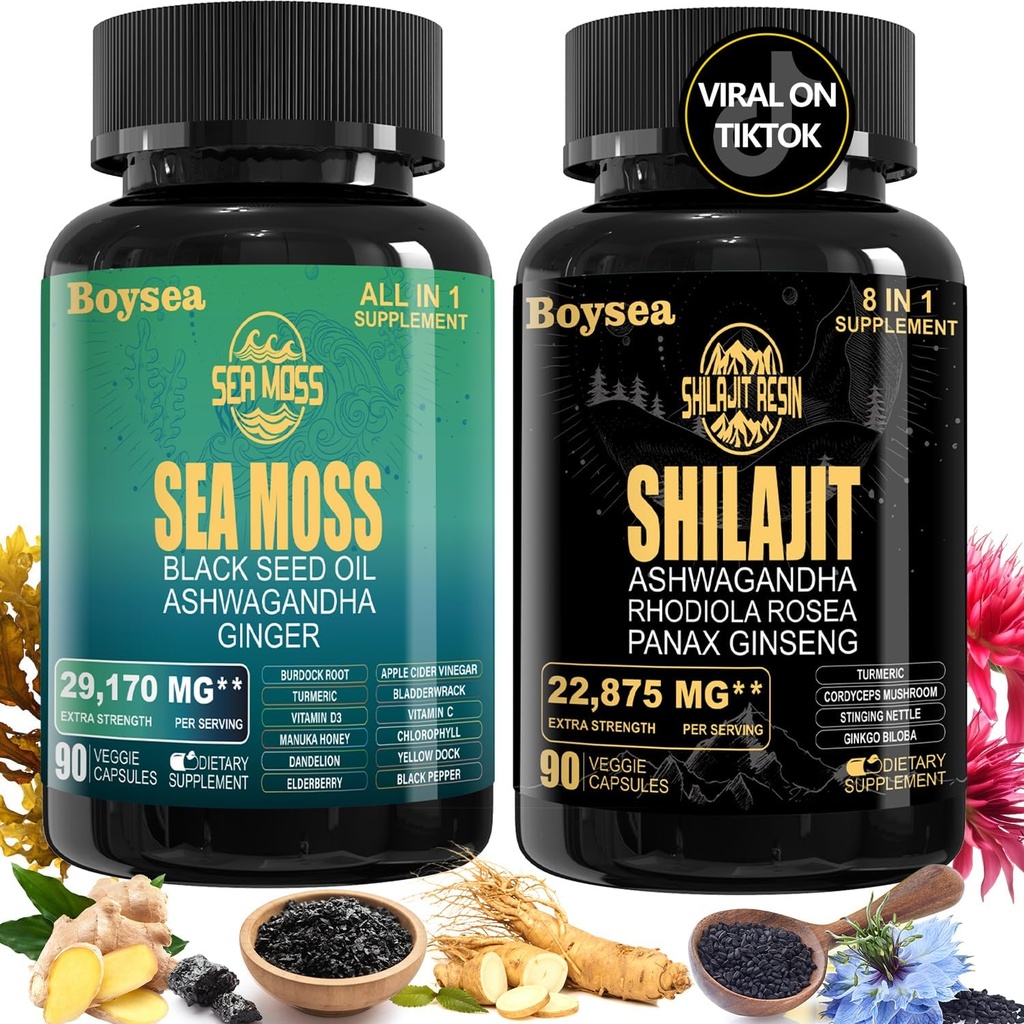 Garçon. Ensemble de shilajit et de mousse de mer - mousse de mer (7000mg), Ashwagandha (2000mg), huile de graines noires (4000mg), gingembre et shilajit (9000mg), Rhodiola Rosea (1000mg) – 90 Nombre (1 paquet)