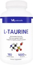 ML Naturals L-Taurine 1000 mg 180 Vegetable Capsules. 99.9% Purity L-Taurine. Nervous System Health & Antioxidant Support, NSF-Certified & cGMP-Compliant.