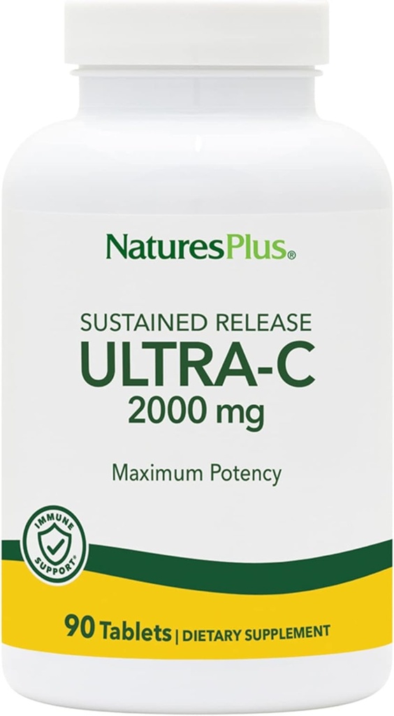 Natures Plus Ultra C W/Rose HIPS, libération prolongée - 2000 mg, 90 comprimés végétariens - Potence maximale de soutien immunitaire, antioxydant - Défense libre-radicale - Sans gluten - 90 portions