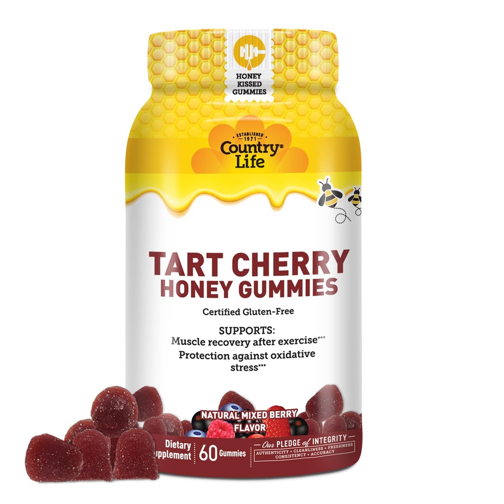 Country Life® Tart Cherry Honey Gummies - Non-OGM - Certifié sans gluten - Végétarien certifié par l'AVA – pour soutenir la récupération musculaire après l'exercice***