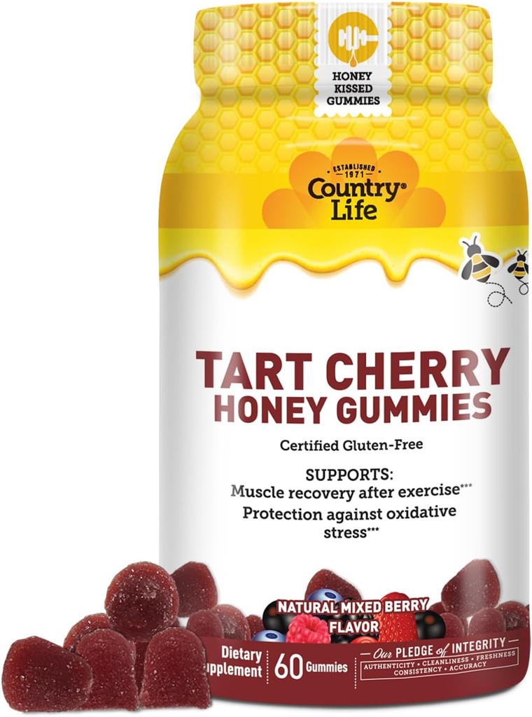 Country Life® Tart Cherry Honey Gummies - Non-OGM - Certifié sans gluten - Végétarien certifié par l'AVA – pour soutenir la récupération musculaire après l'exercice***