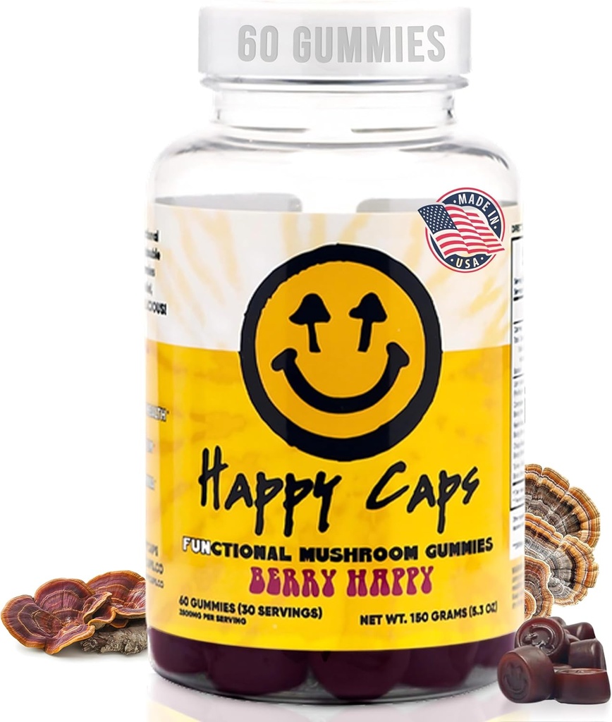 Lions Mane Champignon Gommies pour la détente et le bien-être Mélange de champignons fonctionnels biologiques avec la dinde Tail, Reishi, Chaga & Cordyceps - Immune Support - Supplément végétalien - 60 Gommies Berry