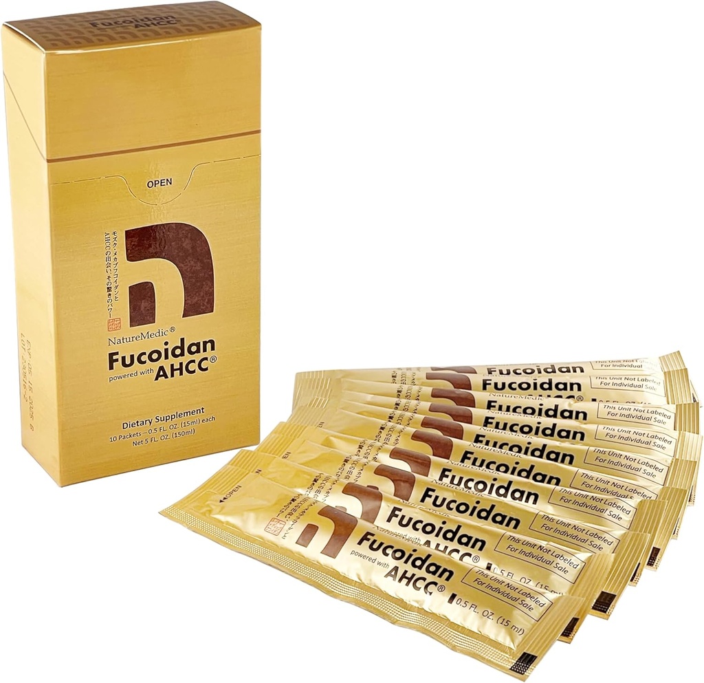 Fucoidan Powered with AHCC® Brown Seaweed Immunity Supplement with High Purity Organic Mekabu Mozuku Agaricus 10 Packets d'extraits liquides concentrés fabriqués au Japon
