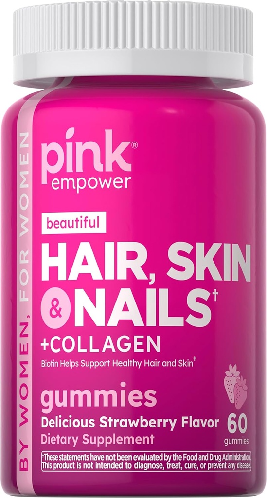 PINK cheveux ongles de peau Gummies de 60 comtes plus collagènes et biotines non-OGM et vitamines sans gluten pour les femmes