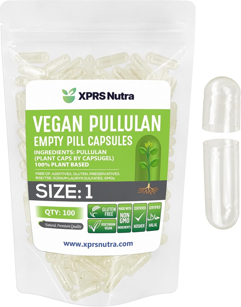XPRS Nutra Taille 1 Pullulan Capsules vides - 100 Count Clean Label Plantcaps Effacer les capsules végétales vides - Pilules végétariennes premium - Do-It-Youlf Capsules végétales remplissage