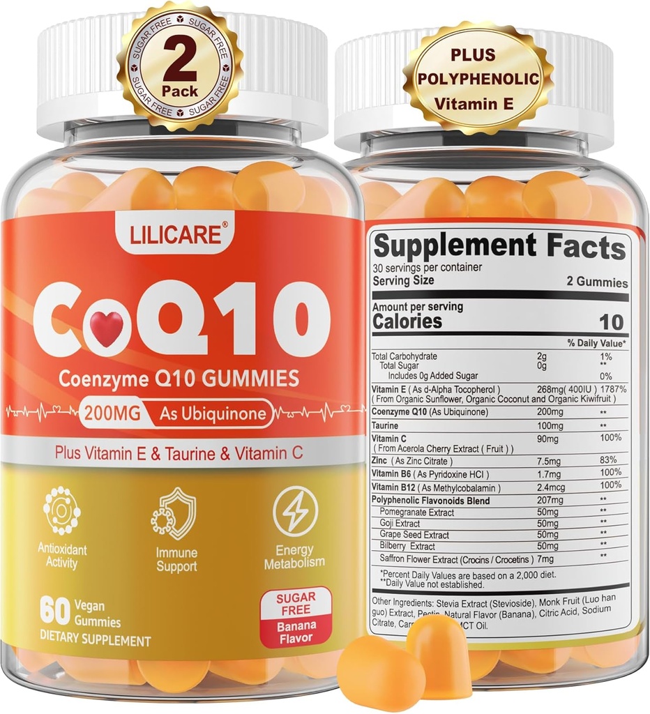CoQ10 200 mg sans sucre Gummies - Coenzyme Q10 avec taurine, vitamine E, C, B6, B12, zinc - Supplément CoQ10 haute absorption pour l'antioxydant, l'énergie cellulaire et la santé de l'oreille, végétalien 120 C